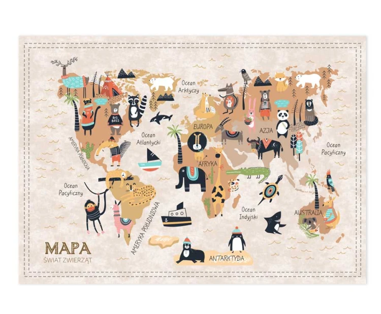 Mapa-fototapeta-brazowa-ze-zwierzatkami-po-polsku-dla-dzieci-na-sciane-duza-tapeta-plakat-do-salolnu