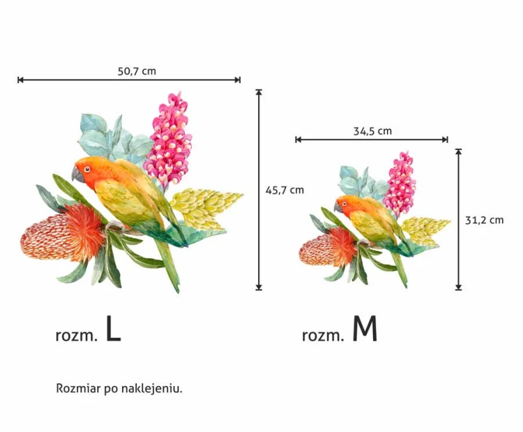 Papuga-schylona-kolorowa-naklejka-na-sciane-z-kwiatami-egzotycznymi-botaniczne-pomaranczowa-akwarelowa