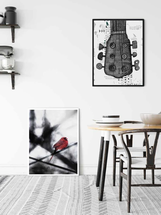 gitara-plakat-na-sciane-w-ramie-ptaszek-ptak-czerwony-na-drzewie-galezi-do-kuchni
