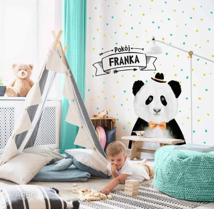 panda-w-kapeluszu-naklejka-na-sciane-kamienie-kropki-wstega-napis-imie-dziecka-scienne-turkus-zolty-pokoj-chlopca-chlopiecy-boho-indianie-tipi-namiot