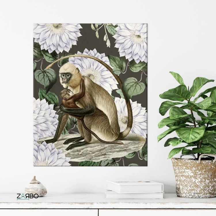 malpa-z-mala-malpka-w-kwaitach-bailych-na-ciemnym-czarnym-te-vintage-stary-retro-obraz-na-plotnie-do-salonu-przedpokoju-hallu-botaniczny-eklektyzm