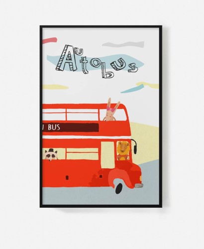 miasto-autka-autous-ze-zwierzatkami-doubledecker-czerwony-plakat-w-ramie-czarnej-do-pokoju-dzieciecego-dekoracja