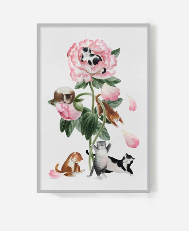 cats-koty-w-kwiatku-kotki-roza-kwiat-rozowy-slodkie-dla-dzieci-plakat-na-sciane-w-szarej-ramie-bialo-czarny-rudy-kot.jpg
